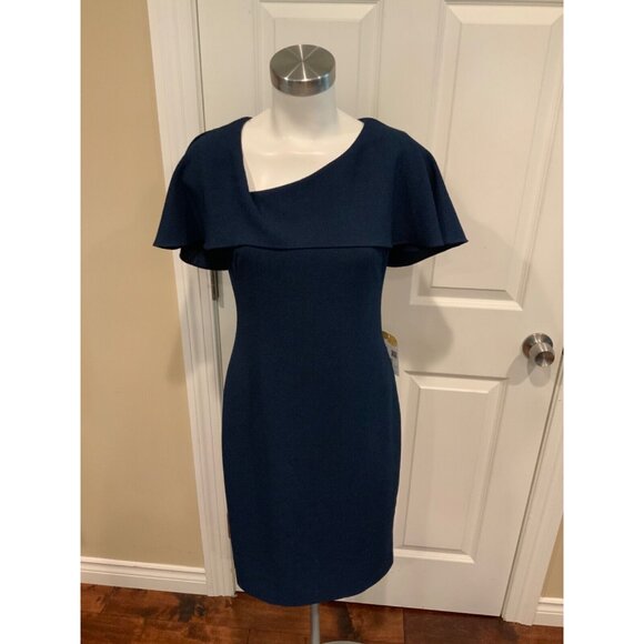 Black Halo Dark Blue Ollie Asymmetrical Textured Sheath Dress, Size 6 - Picture 1 of 5